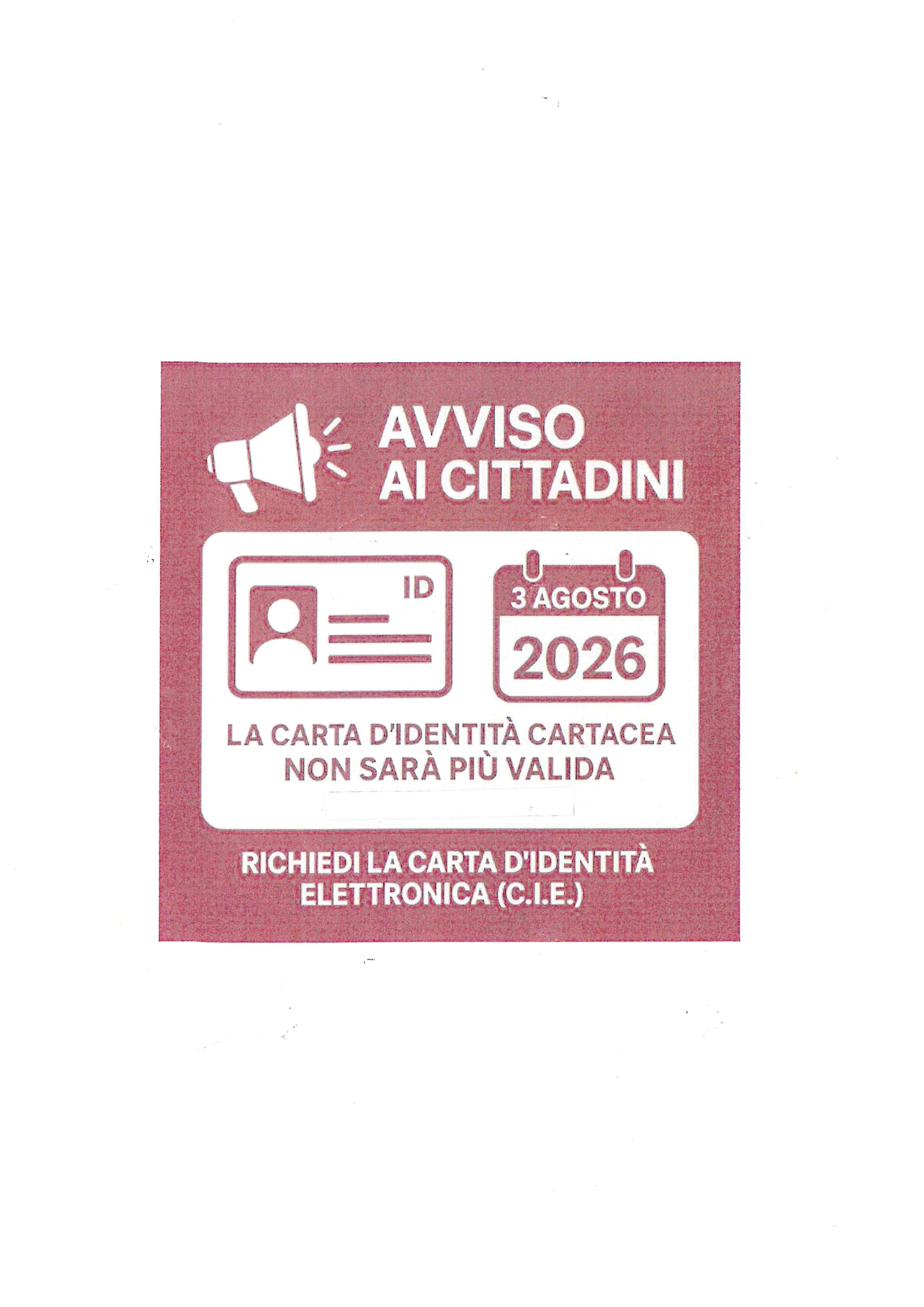 Avviso scadenza validità carta di identità cartacea al 3 agosto 2026